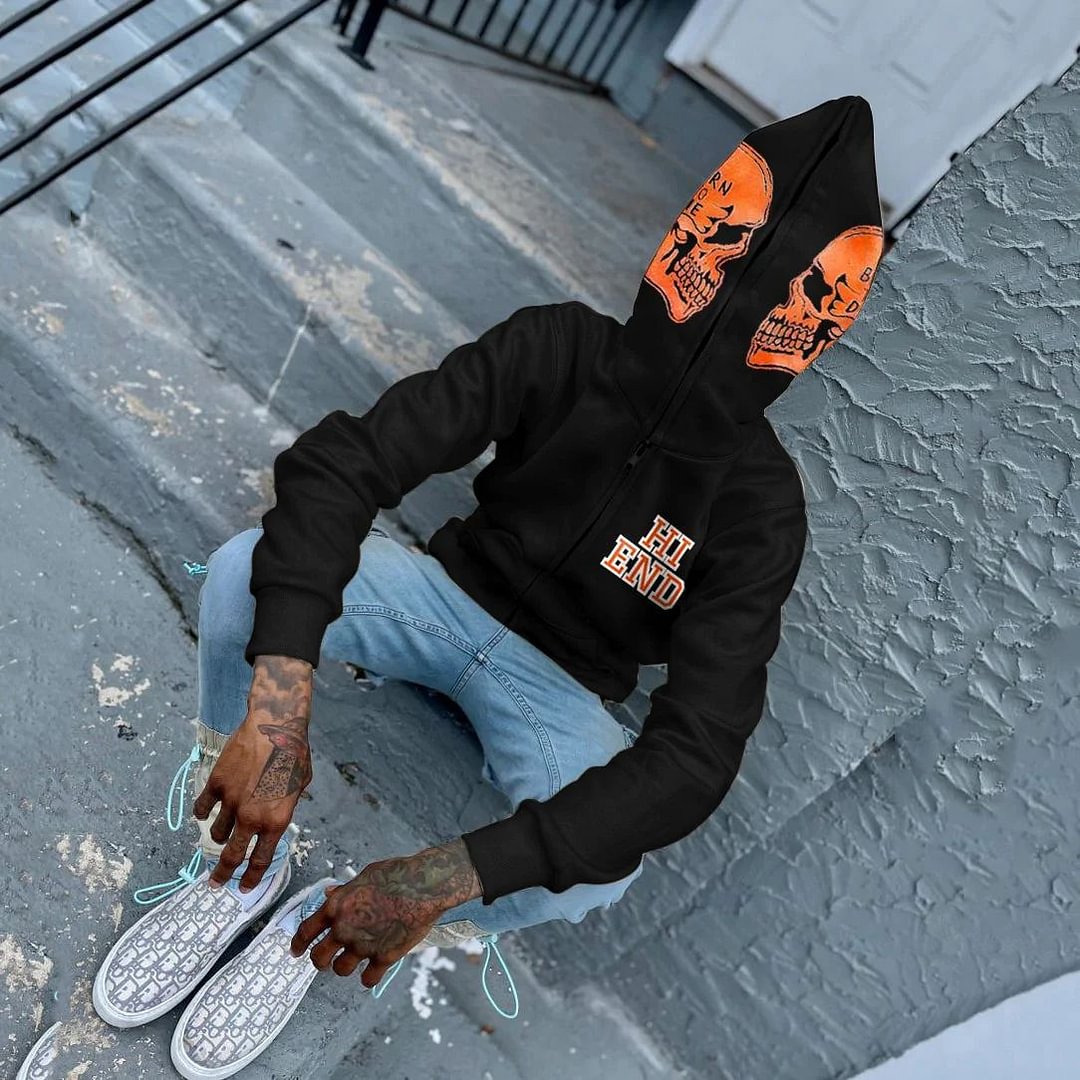 Skull Print Y2K Oversized Hip Hop Zip Up Hoodie Coat for Men-VESSFUL