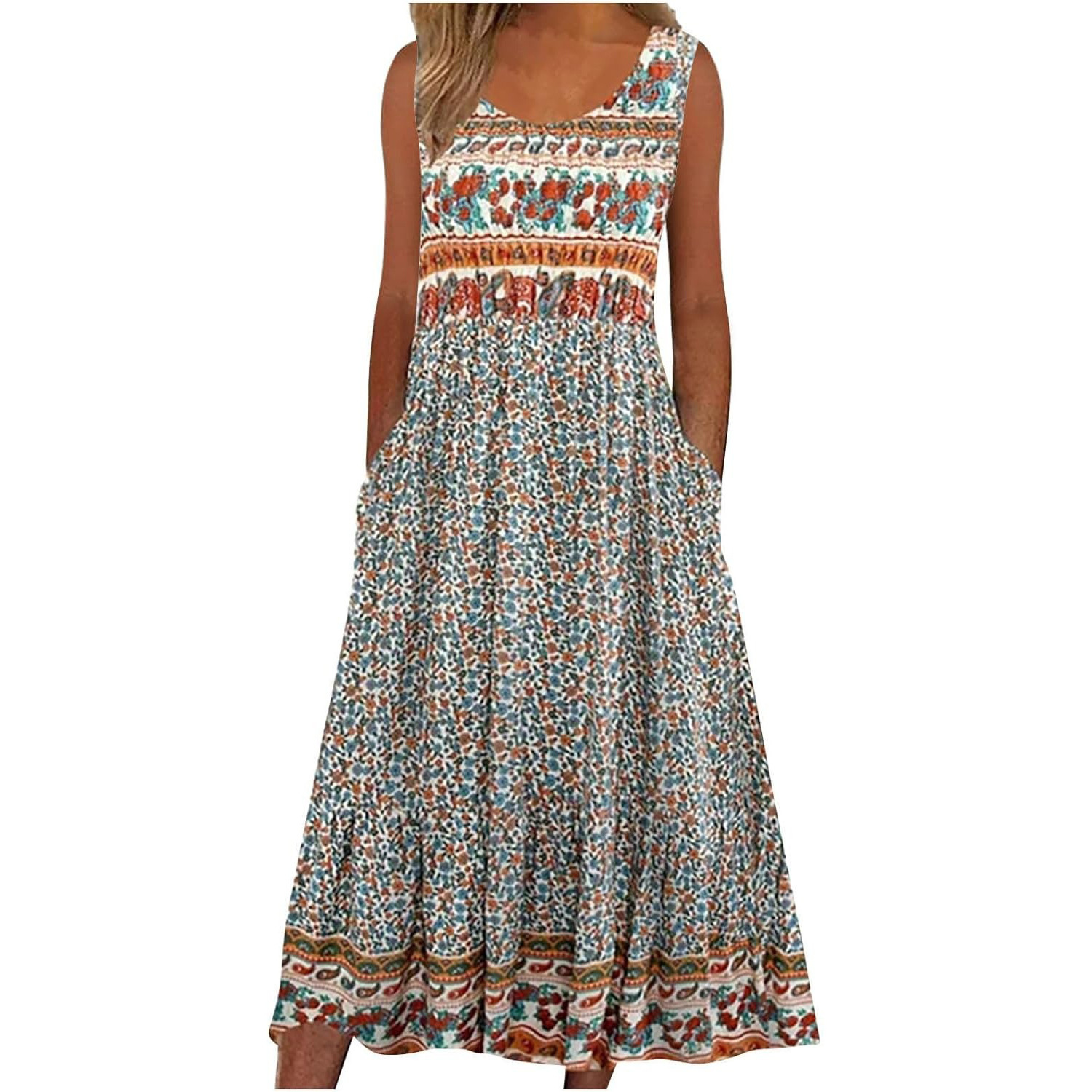 Mature Women Casual Summer New Printed Sleeveless Pullover Dress