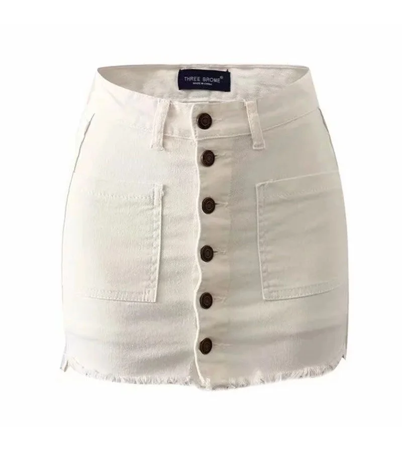 Chic Lady Solid Color Pocket Design Single-breasted Denim Skirt