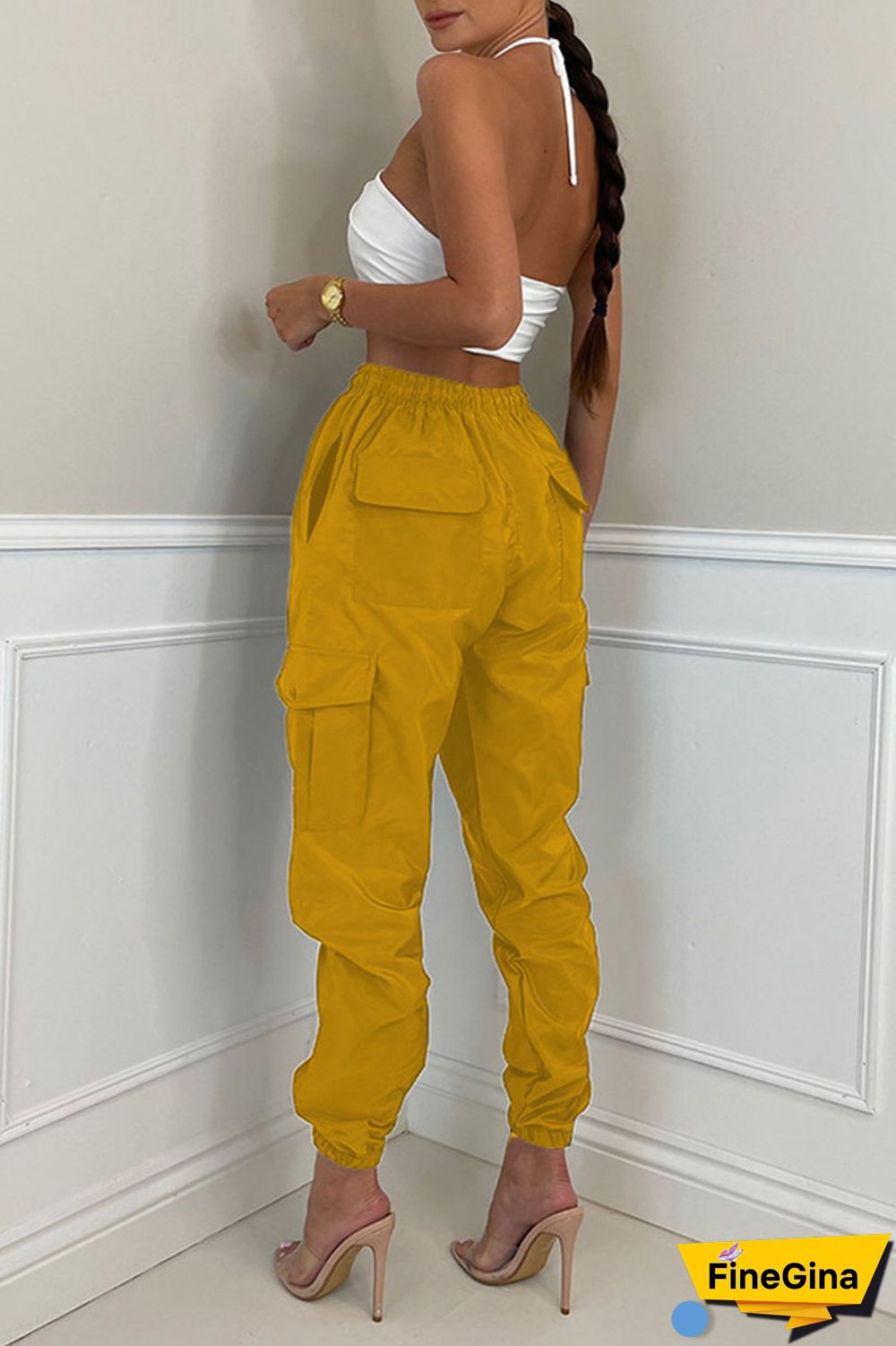 Earth Yellow Casual Street Solid Patchwork Pocket Regular High Waist Pencil Solid Color Bottoms