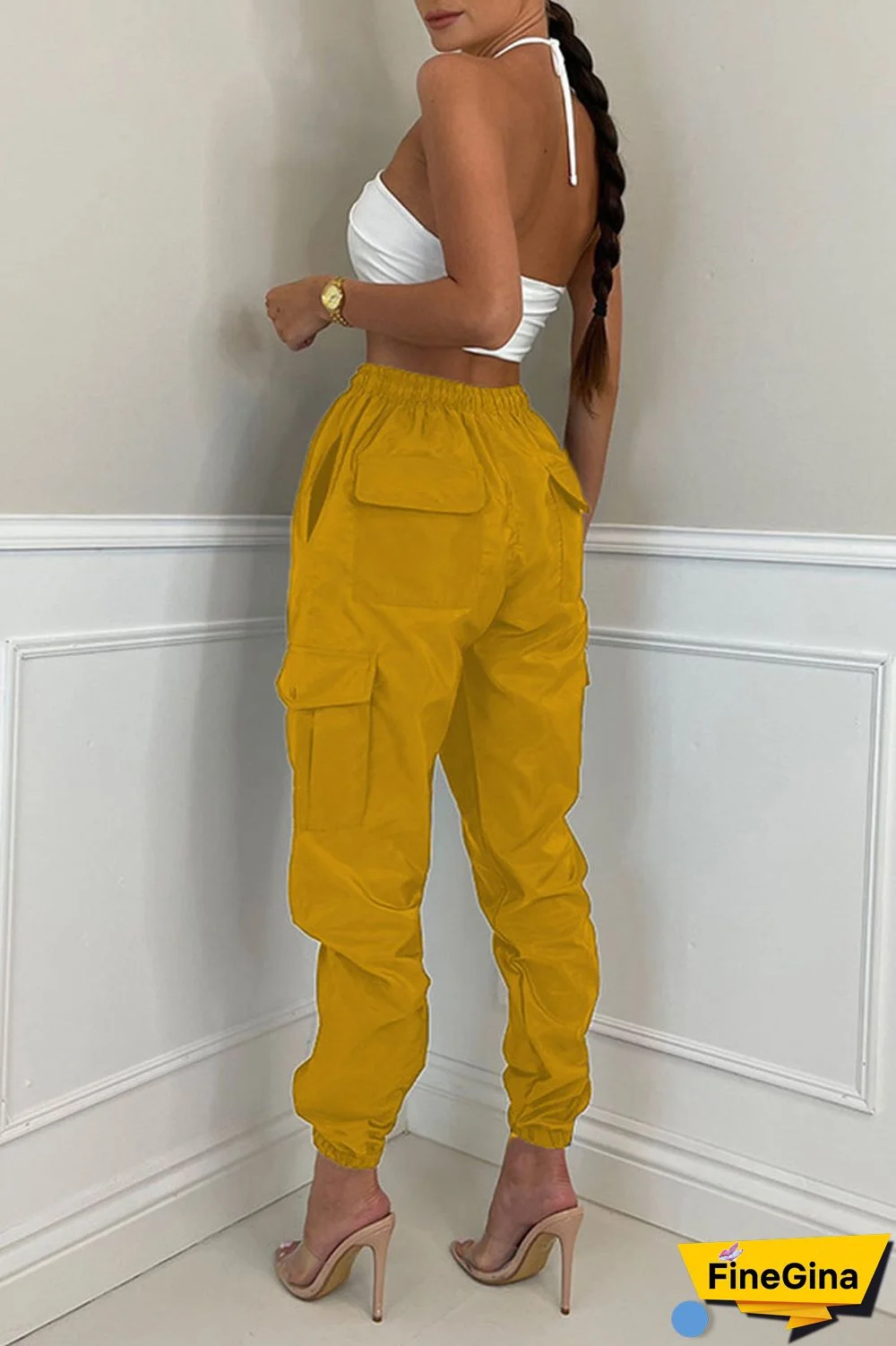 Earth Yellow Casual Street Solid Patchwork Pocket Regular High Waist Pencil Solid Color Bottoms