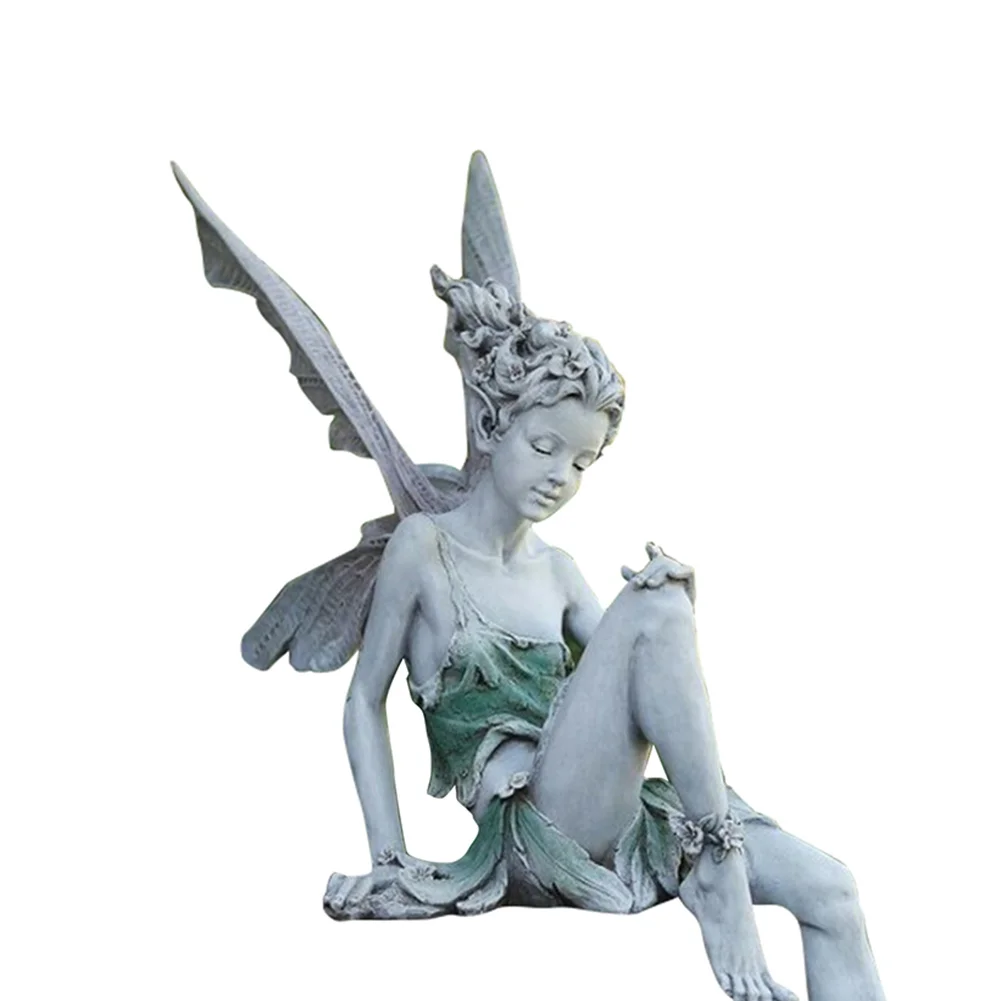 Flower Fairy Sculpture Yard Landscaping Resin Turek Sitting Statue (White)