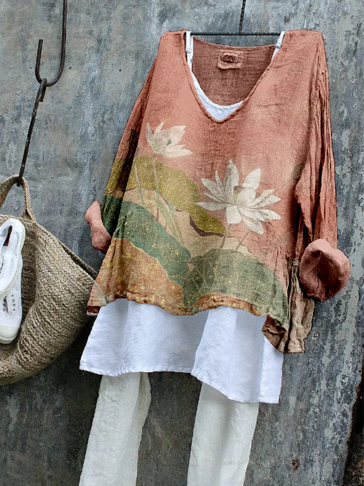 Comstylish Vintage Lotus Flower Art Linen Blend Cozy Flowy Tunic