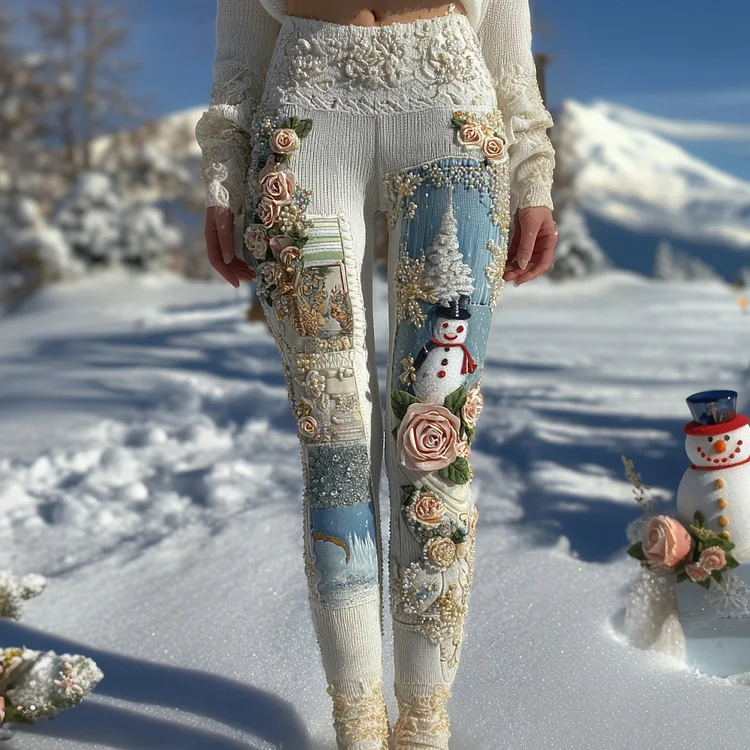 Christmas Inspired Embroidered Cozy Knit Leggings