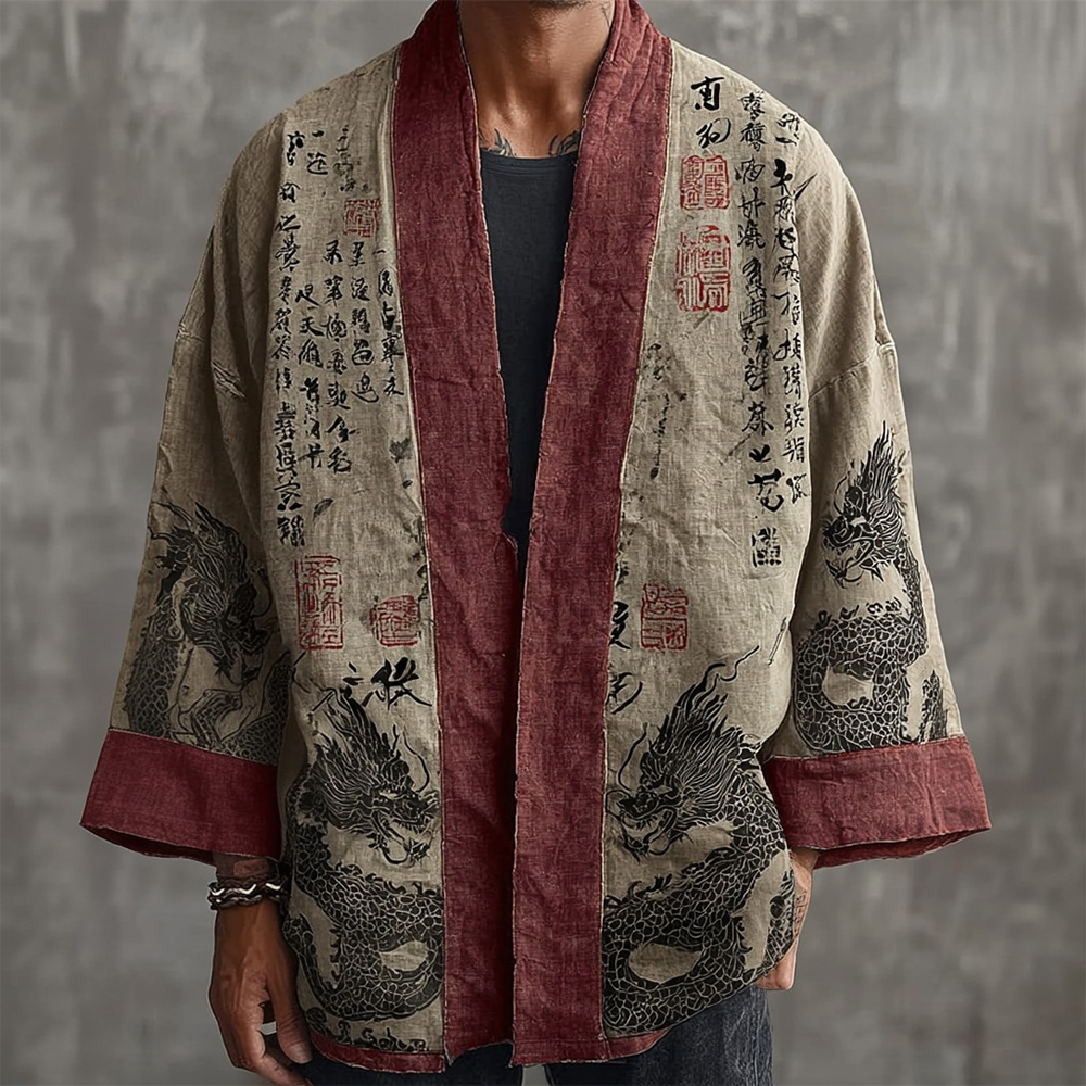 Men's Vintage Dragon Calligraphic Art Contrast Linen Kimono  artssus