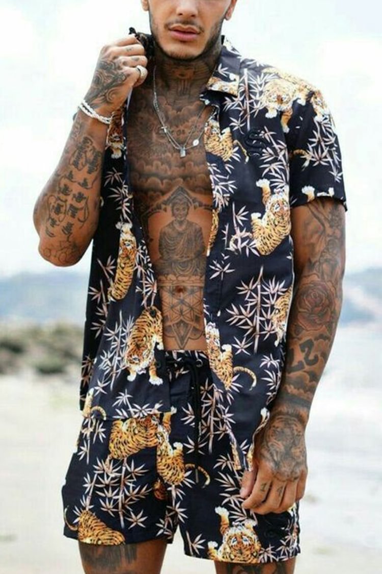 Tiboyz Outfits Mens Loose Tiger Beach Shirt And Shorts Two Piece Set