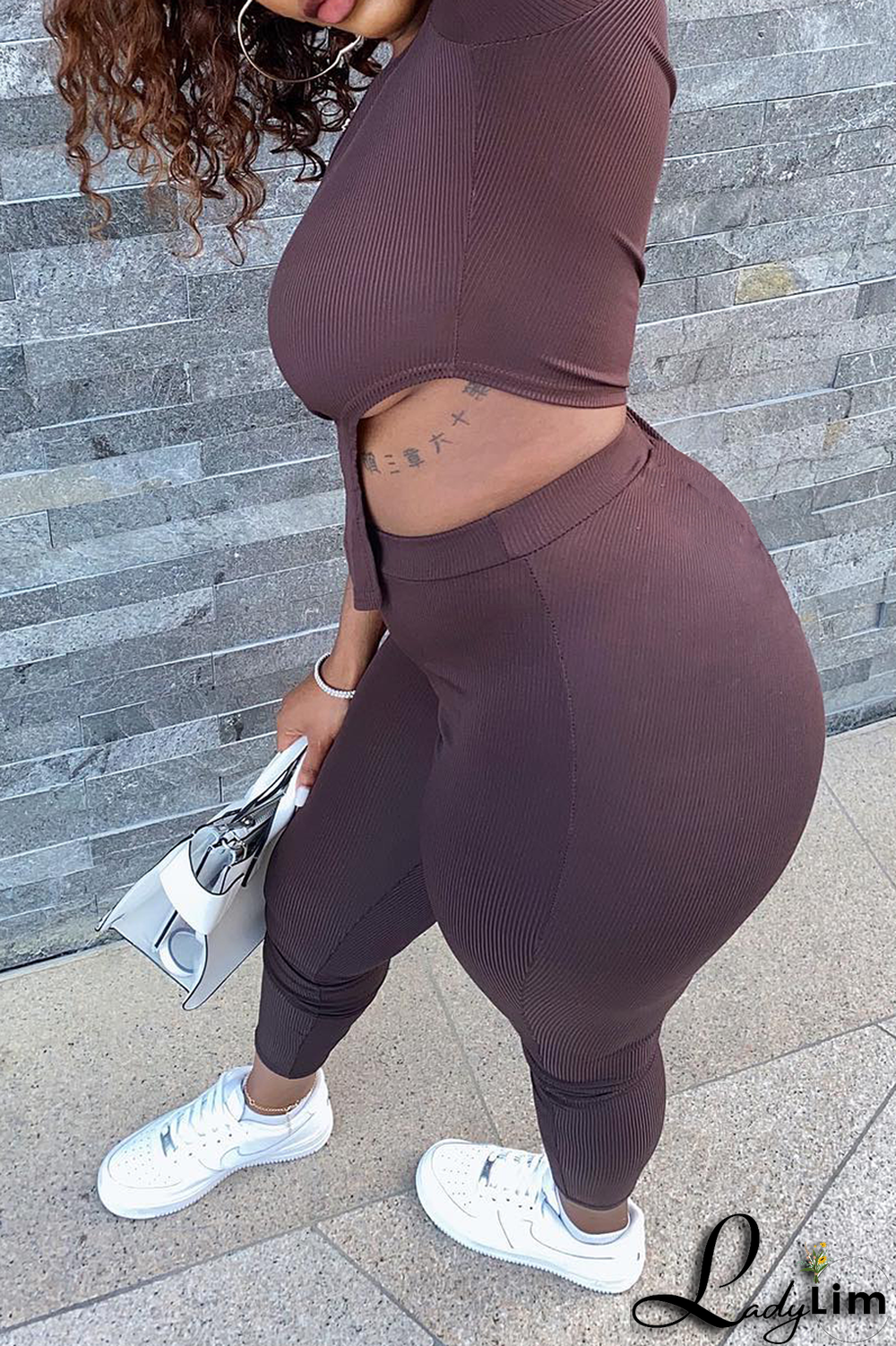 Black Sexy Solid Split Joint One Shoulder Three Quarter Two Pieces
