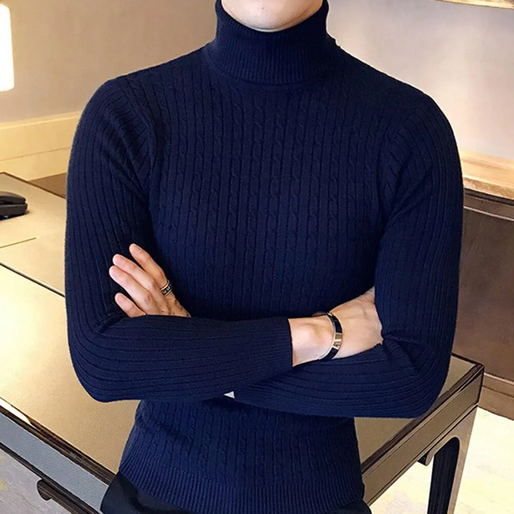Casual Men Winter Solid Color Turtle Neck Long Sleeve Twist Knitted Slim Sweater Hug Curves Show Muscular Shape Perfect Gifts