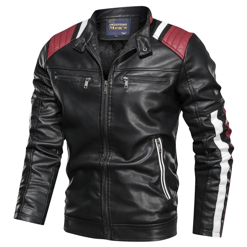 2021 New Product Color Matching Casual Men's Leather Jacket Casual Trend Stand-Up Collar Spring and Autumn Leather Jacket Men