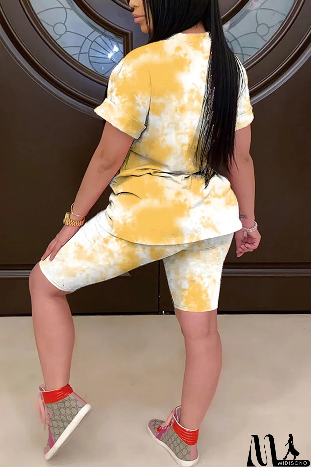 MidiSono - Light yellow Polyester Fashion Casual Print Gradient Two Piece Suits pencil Short Sleeve Two Pieces