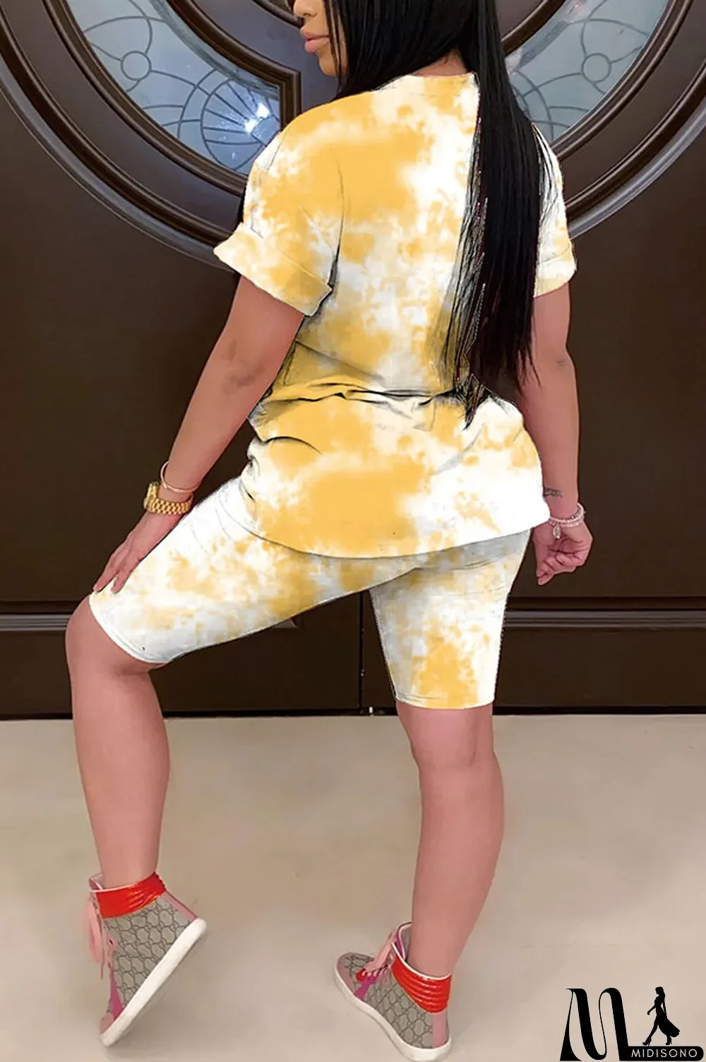 MidiSono - Light yellow Polyester Fashion Casual Print Gradient Two Piece Suits pencil Short Sleeve Two Pieces