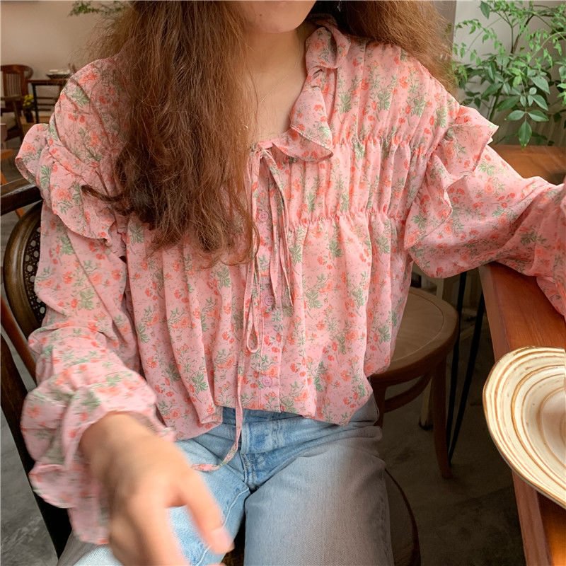 Blouse Women Sweet Girls Spring Floral Short Chiffon Ruffles Butterfly-Sleeve V-neck All-match Trendy Holiday Prairie Chic Lady