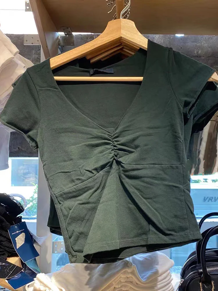 Huibahe Folds V Neck Slim Crop Top Women Summer Dark Green Cotton Short Sleeve T-shirts Female Harajuku Casual Basic Tees Y2k