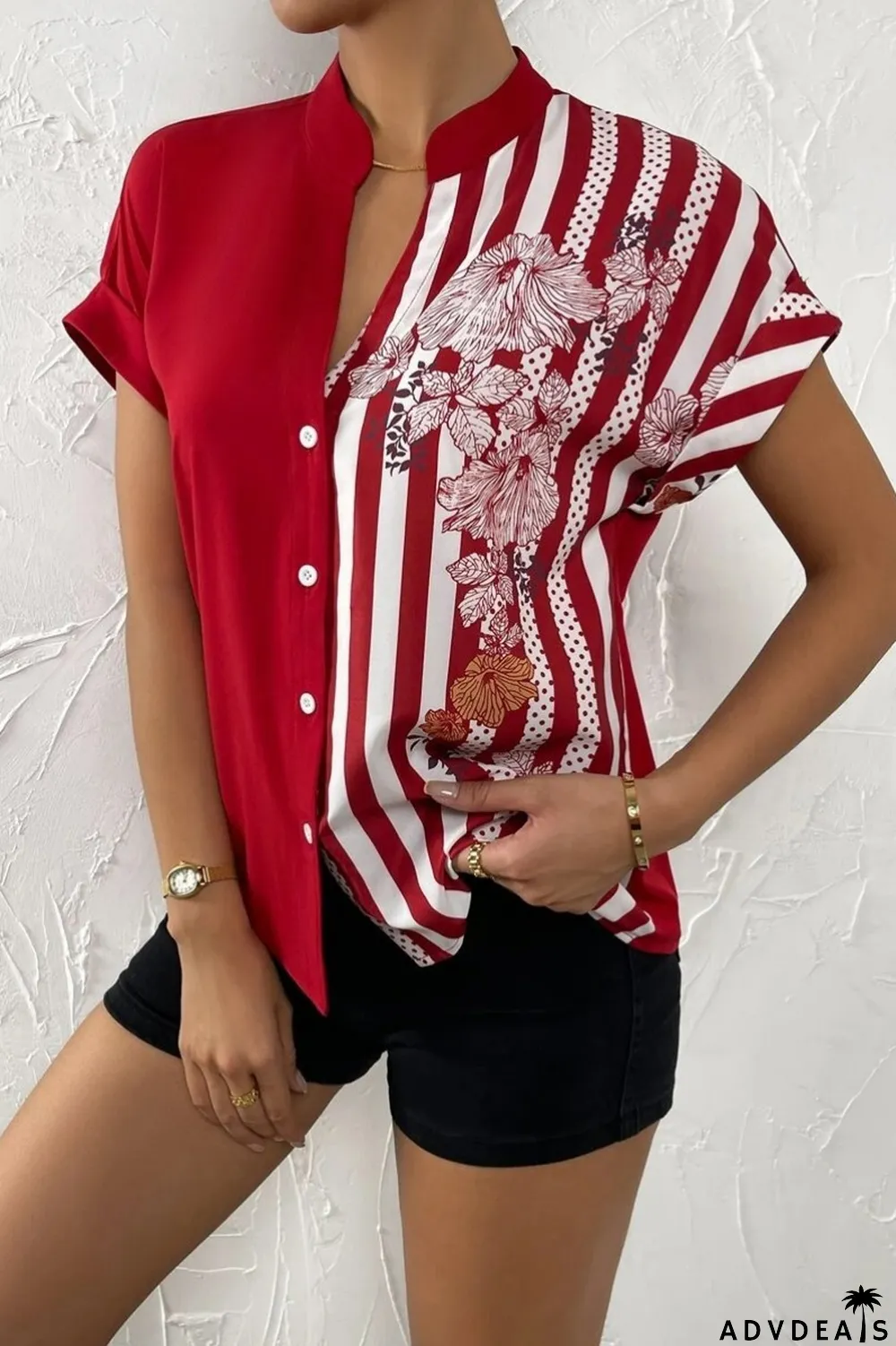 Green Casual Print Patchwork V Neck Tops