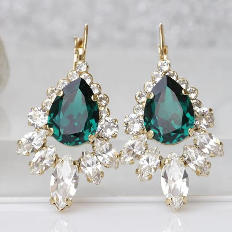 Fashion Gold Color Flower Floral Blue Stone Earrings for Women Engagement Wedding Anniversary Jewelry Gifts