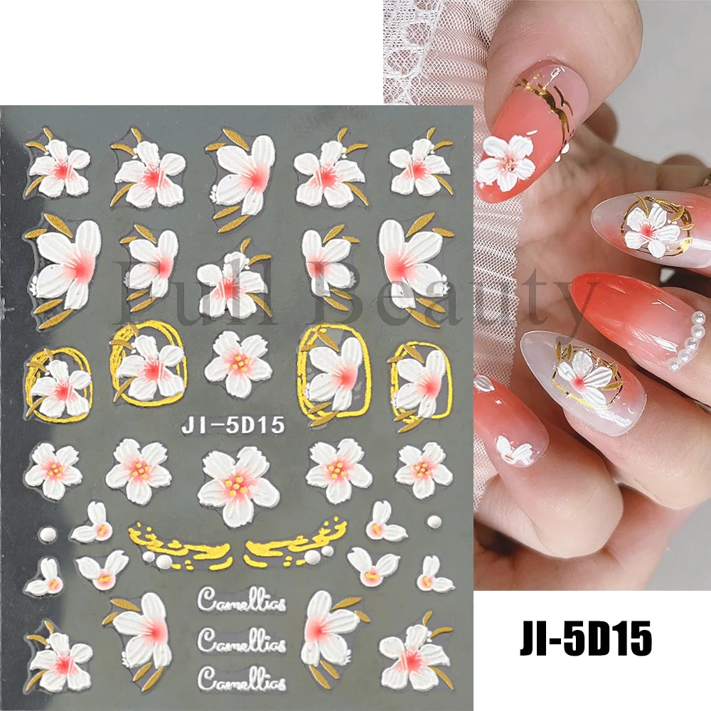 Churchf Nail Stickers Flowers Geometric Lines Decor Acrylic Embossed Sliders Gold Frame Nail Decals Cherry Blossom Manicure GLJI-5D05-Nail Inspo