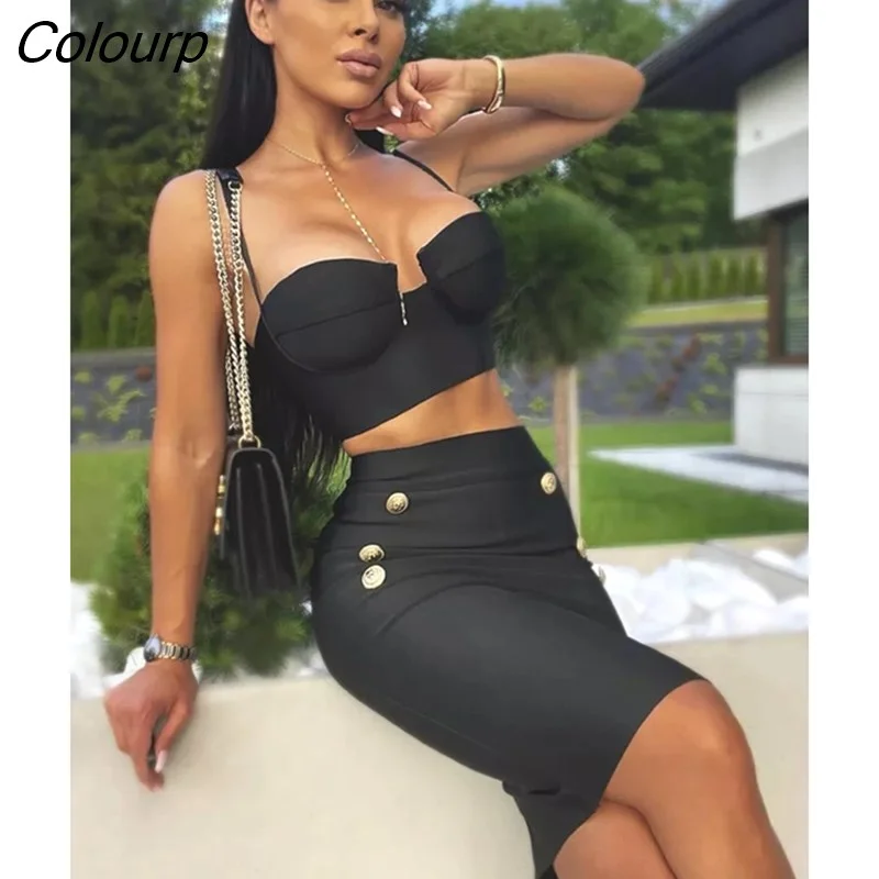 Colourp Women Summer Sexy Sleeveless Button Black Beige Hot Pink Mini Bodycon Bandage Dress 2022 Elegant Evening Club Party Outfits
