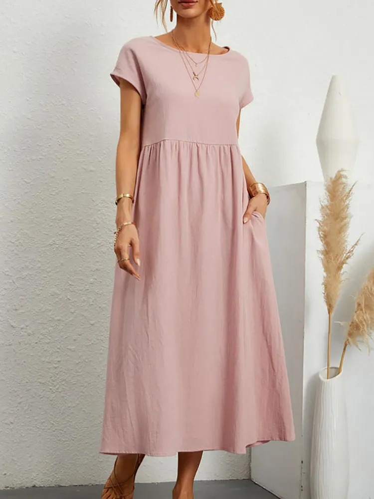 Pleated Pockets Solid Color A-Line Plus Size Round-Neck Midi Dresses