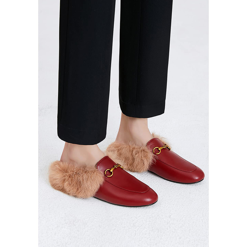 Wine Rabbit Fur Flats Mules Shoes-vocosishoes