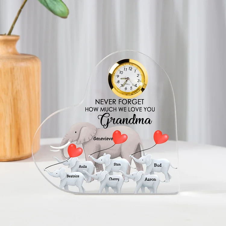 A la familia-Placa acrílica en forma de corazón elefantes con un reloj 1 texto 7 nombres personalizados