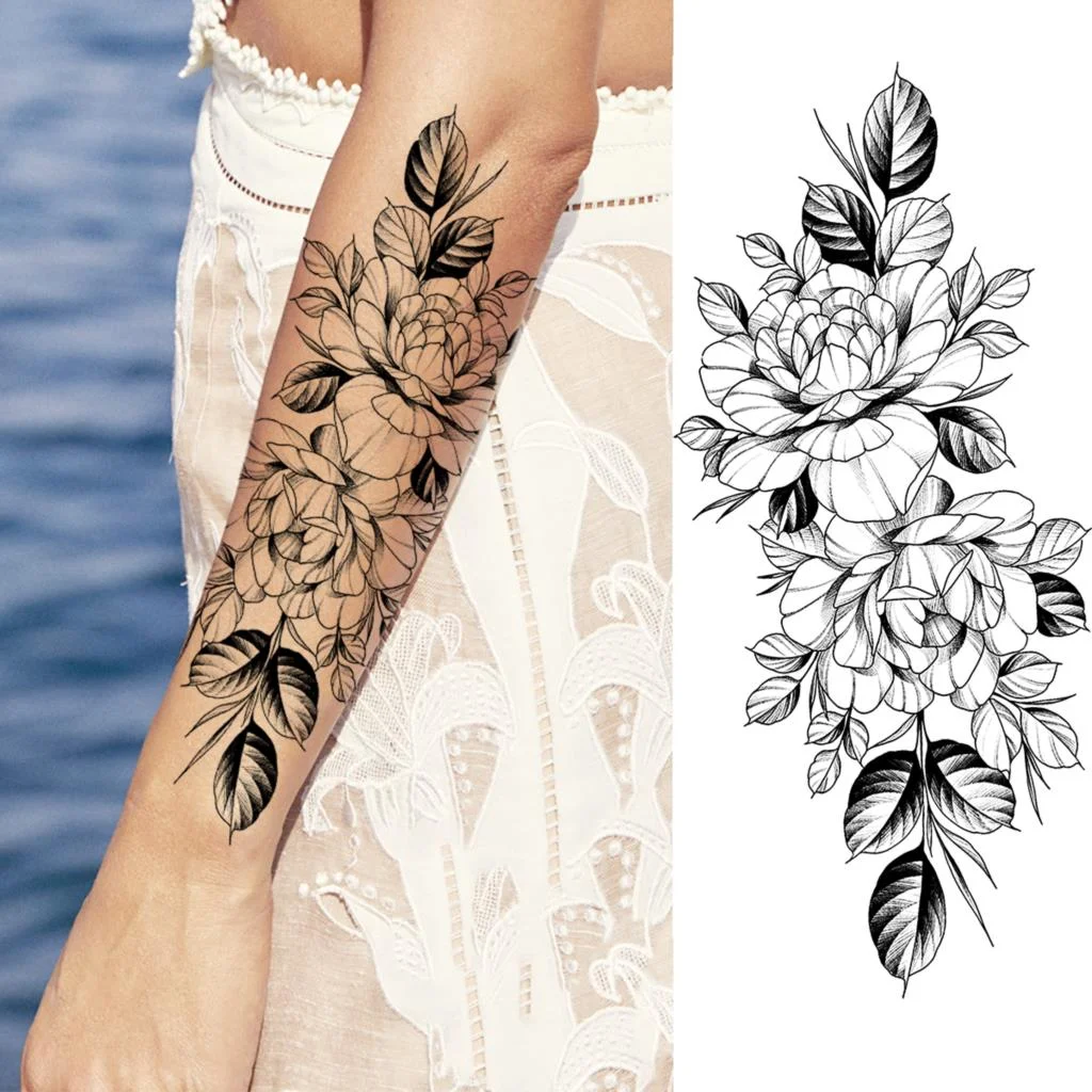 Realistic Rose Flower Sexy Boobs Temporary Tattoos For Women Adult Girl Peony Moon Round Fake Tattoo Fashion Half Sleeve Tatoos