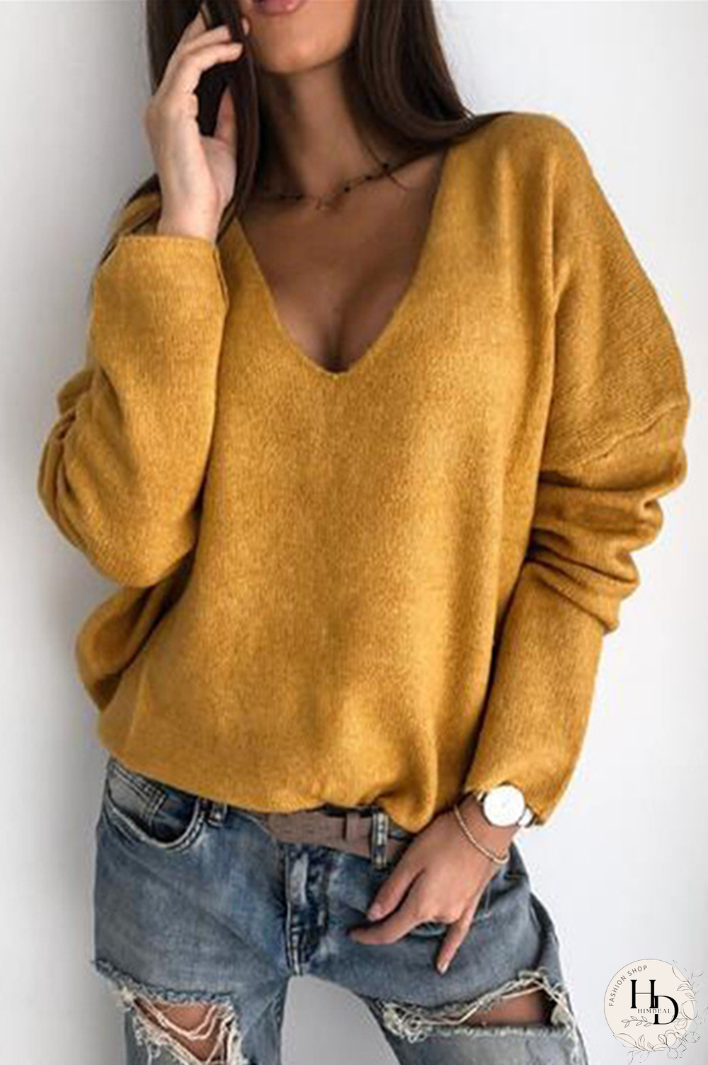 Casual Solid Basic V Neck Tops Sweater（4 colors）