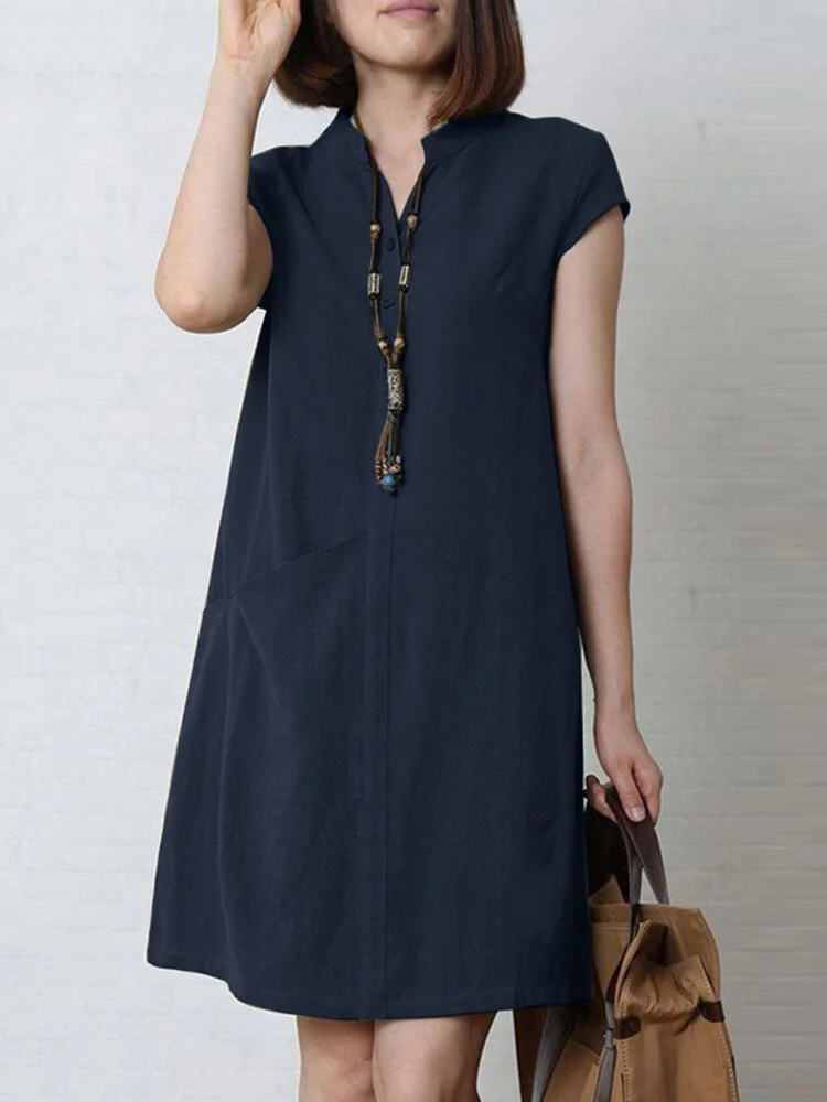 Solid Pocket Short Sleeve V-neck Dress For Women