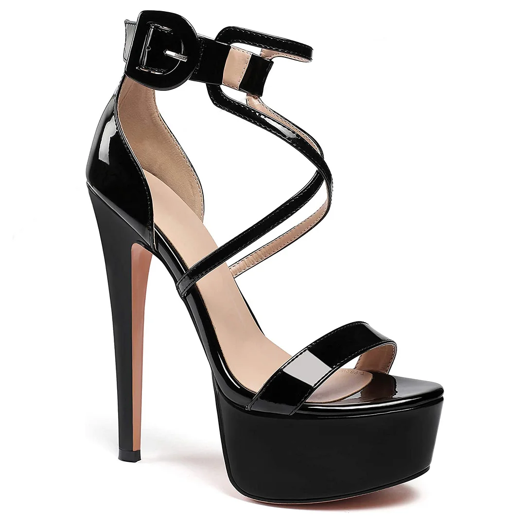 150mm Women's Open Toe Platform Sandals Ankle Strap High Heel Patent Summer Shoes-MERUMOTE
