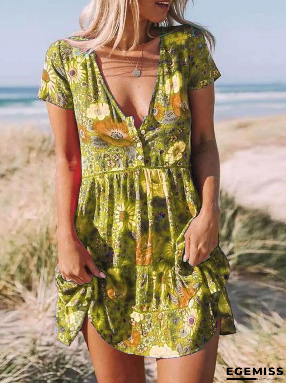 New Women's Printed V-neck Short Sleeve Dress | EGEMISS