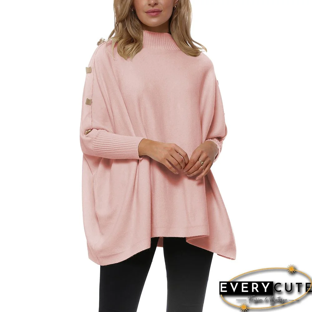 Light Pink Bat Sleeve Button Shoulder High Collar Sweater