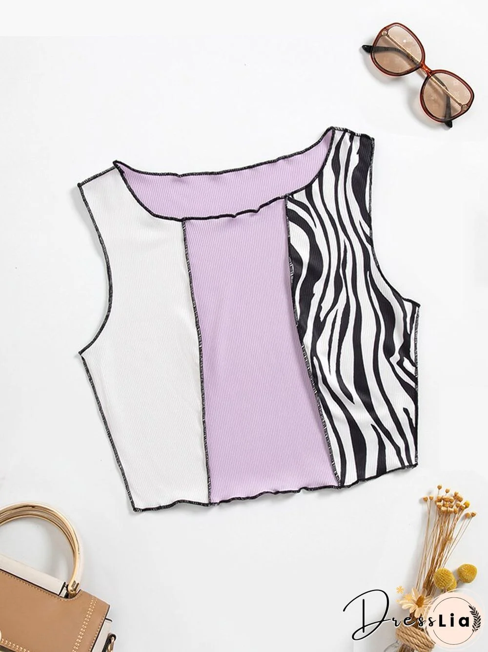 Zebra Stripe Graphic Patchwork Rib Knit Ruched Crop Vest Women Y2K Clothes Summer Harajuku Sleeveless Tank Tops Streetwear