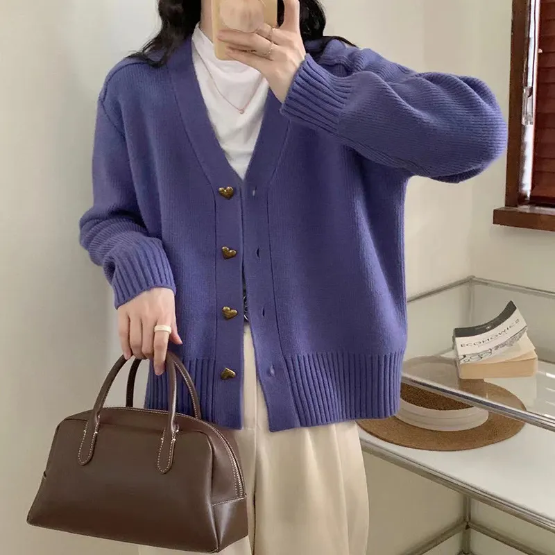 Churchf Churchf Winter New Korean Version Loose Lazy Wind Pure Color Knit Cardigan Jacket Women's Single Breasted Casual Sweater Coat
