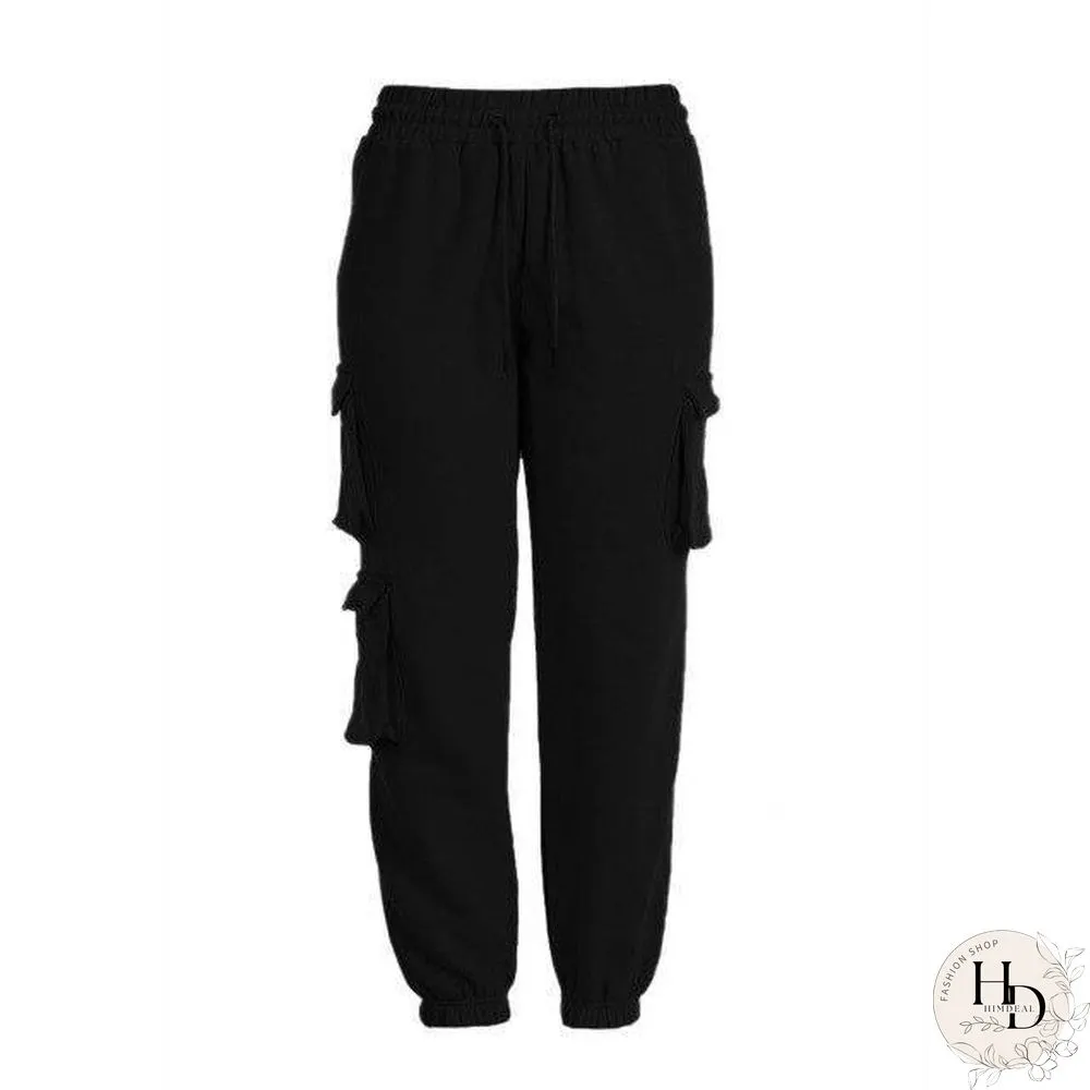 Multi-pocket Sweatpants Women Casual High Elastic Waist Drawstring