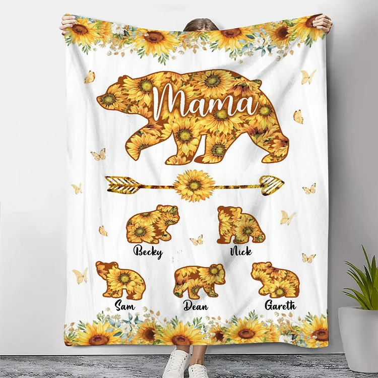 Personalised 5 Names Blanket Sunflowers Bears Family Blanket Mother's Day Gift for Mama