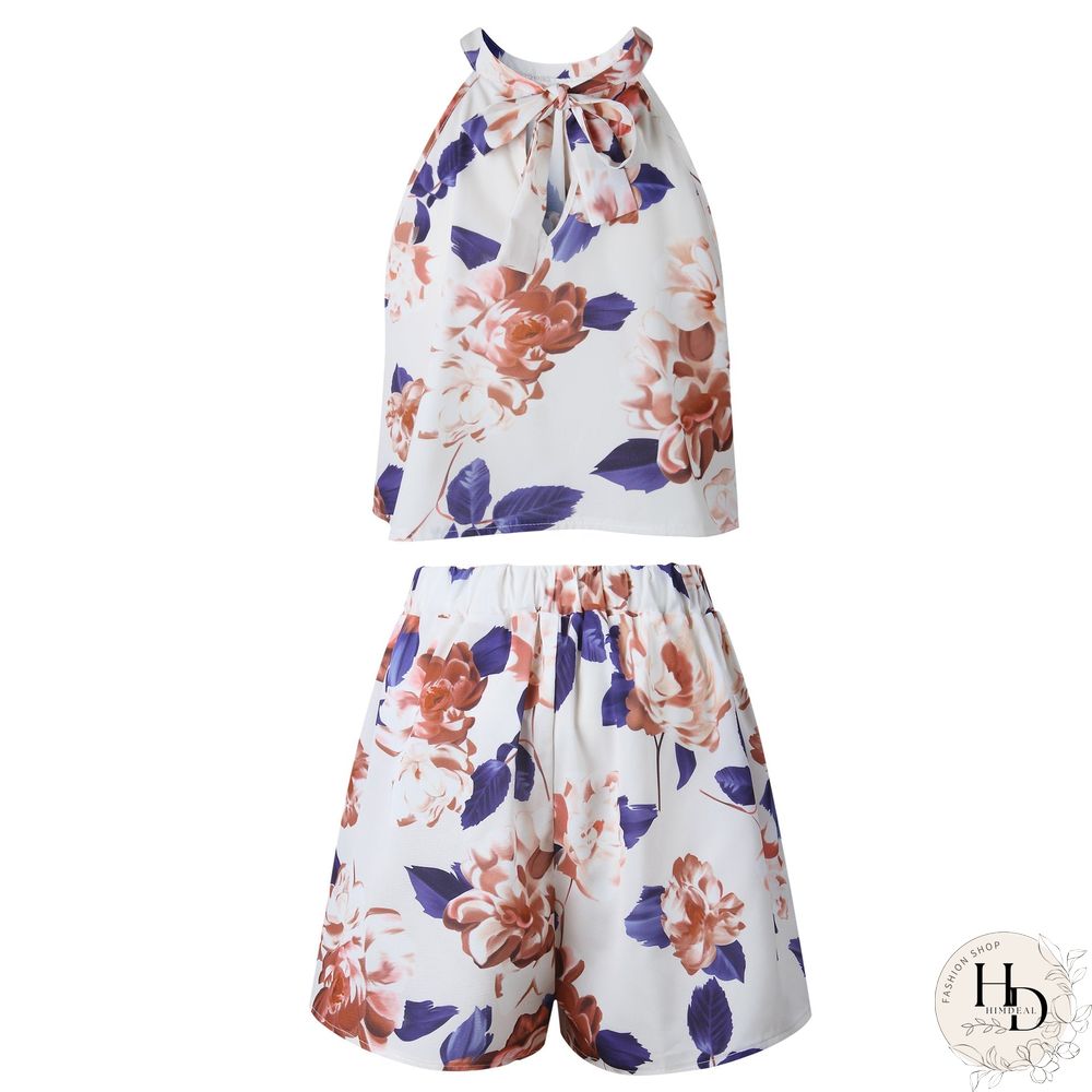 Beige Floral Crop Top and Shorts Matching Sets