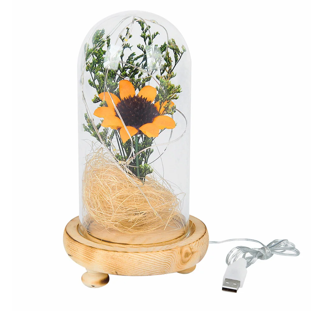 Sunflower Banquet Dried Flowers in Glass Dome Bedside Decor Lamp (Yellow)