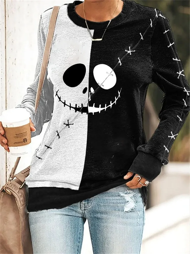 Plus Size Halloween skull print sweater VangoghDress