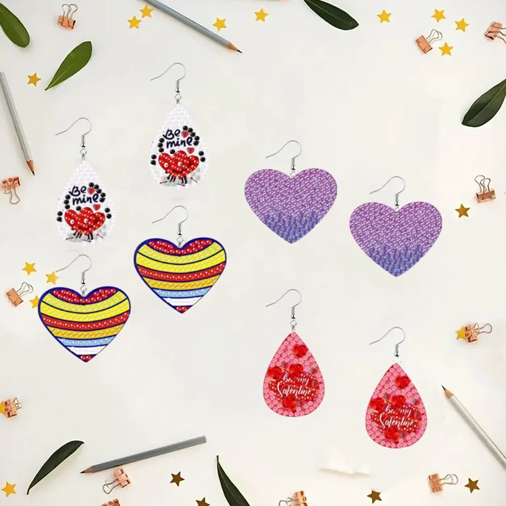 DIY 10 Pairs Cartoon Heart Double Sided Dangle Drop Diamond Art Earring Kit for Women