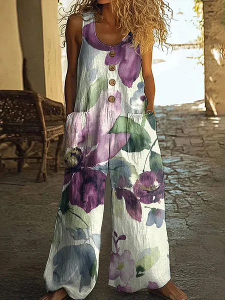 Women's Vintage Flower Print Casual Cotton And Linen Loose Straight-leg Wide-leg Pants