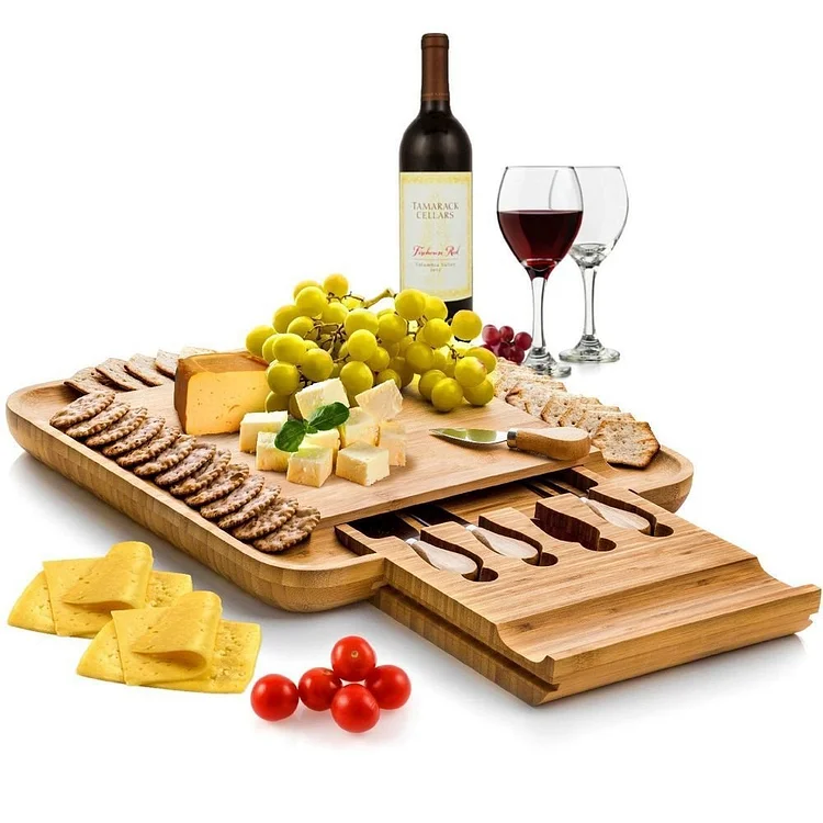 Premium Bamboo Cheese Board and Cutlery Set with Slide Out Drawer | AvasHome