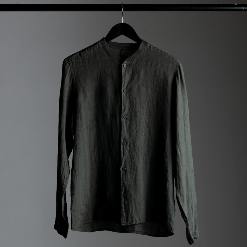 Men's Natural Linen Stand Collar Olive Green Shirt