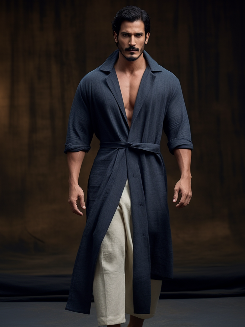 Men's Vintage Casual Navy Linen Hooded Long Sleeve Cardigan