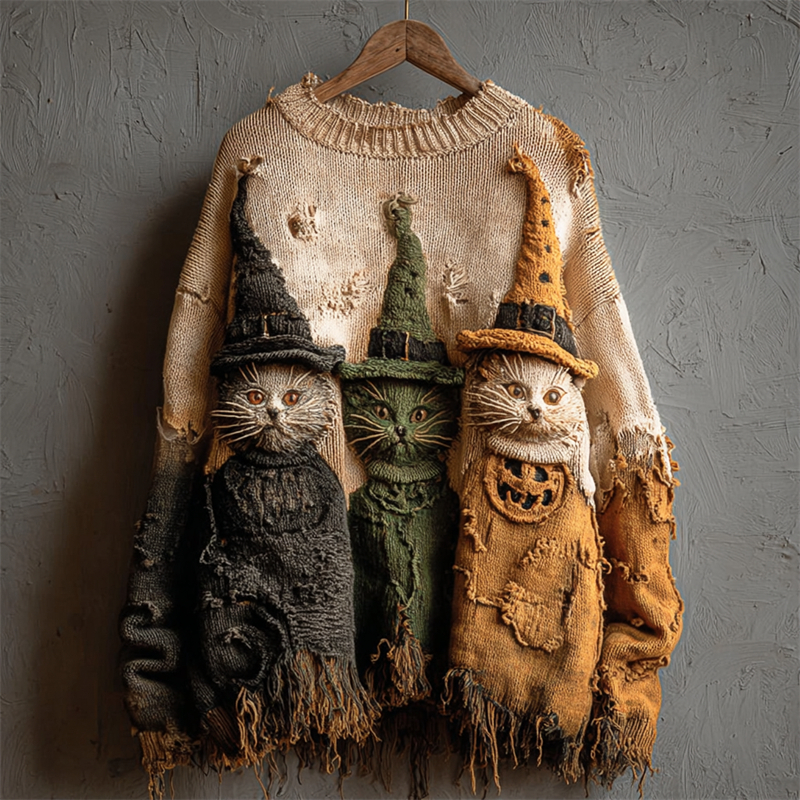 Halloween Witch Cats Crochet Distressed Knit Sweater