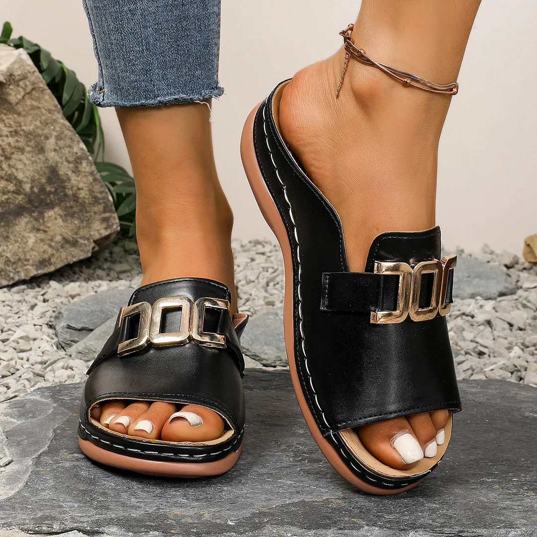 Breakj Breakj New Slope And Thick-Bottom Slippers Women Metal Decoration Type Roman Wind Fish Mouth Beach Cold Slippers
