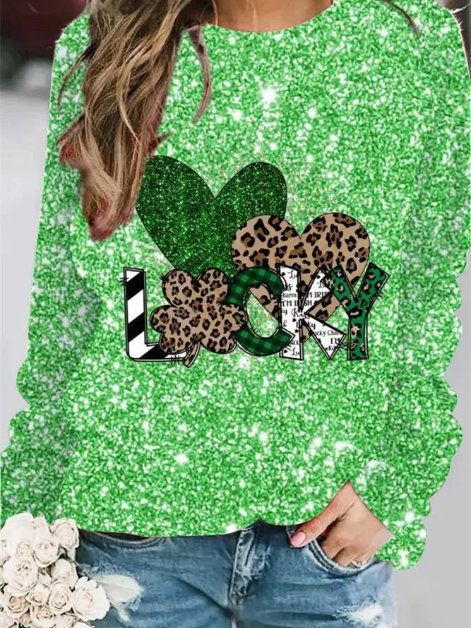 Women's Long Sleeve Scoop Neck Four Leaf Clover Printed Graphic Tops