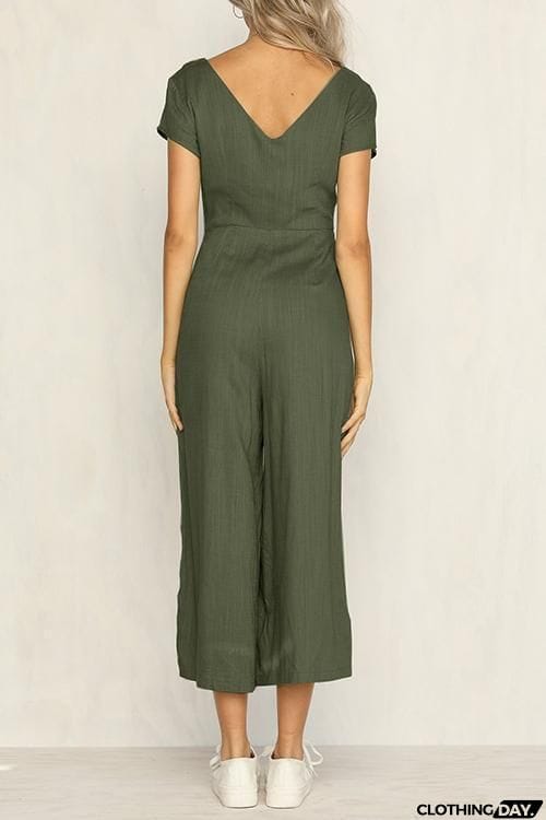 Button Pocket V Neck Jumpsuit