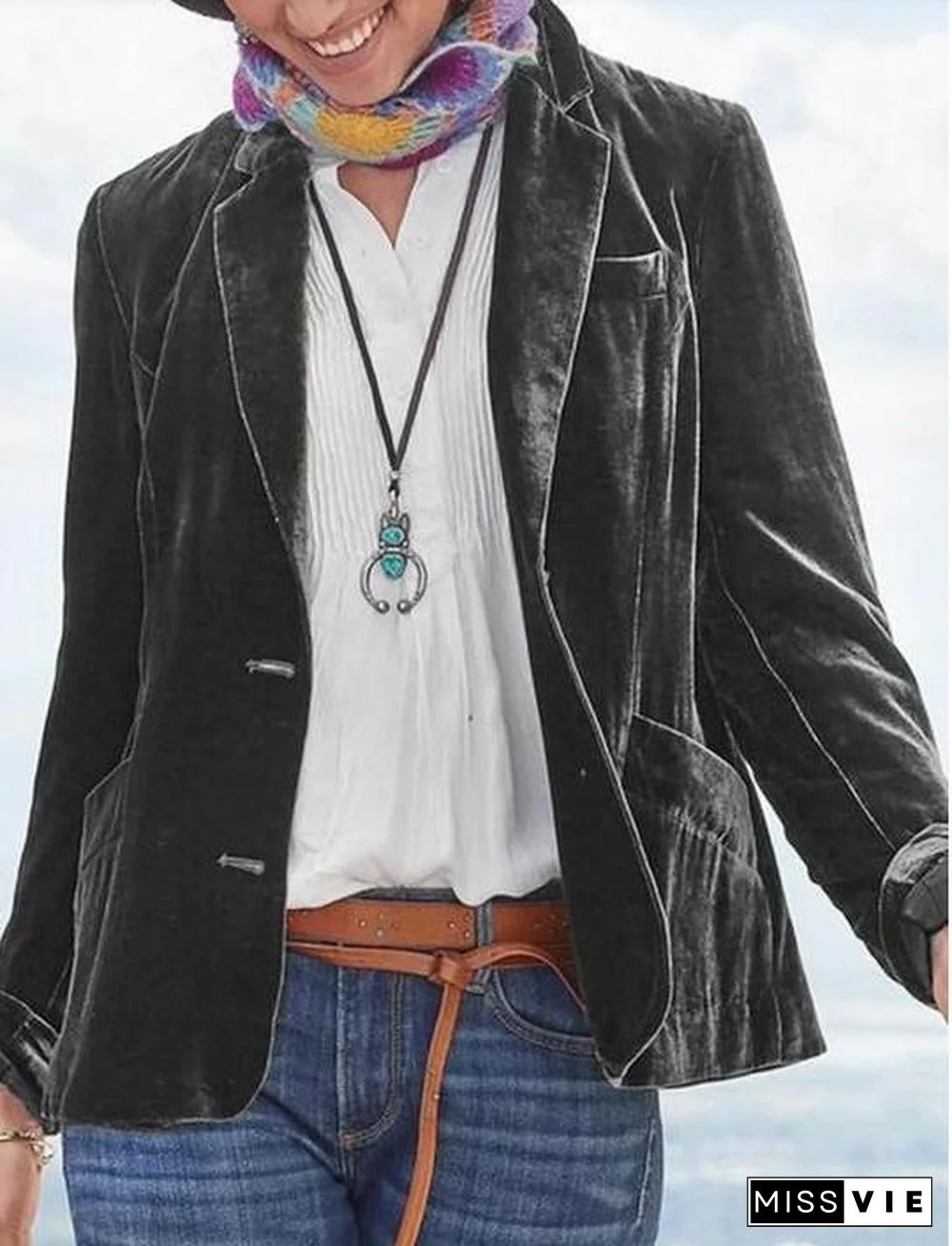 Lapel Plain Loose Velvet Coat