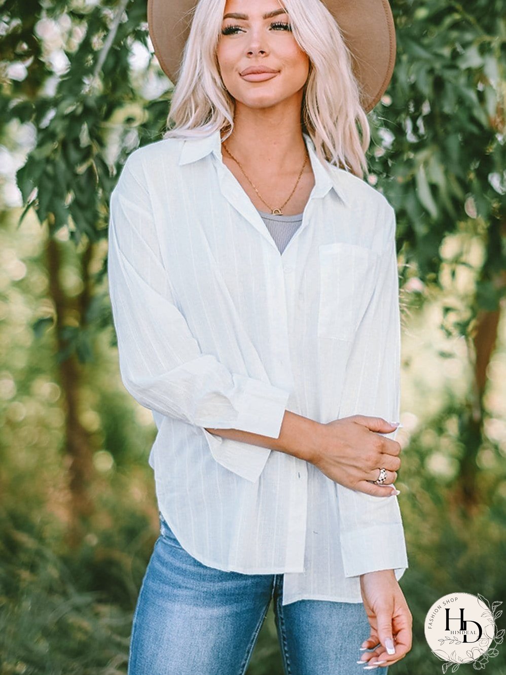 Simple Solid Lapel Button Long Sleeve Blouses