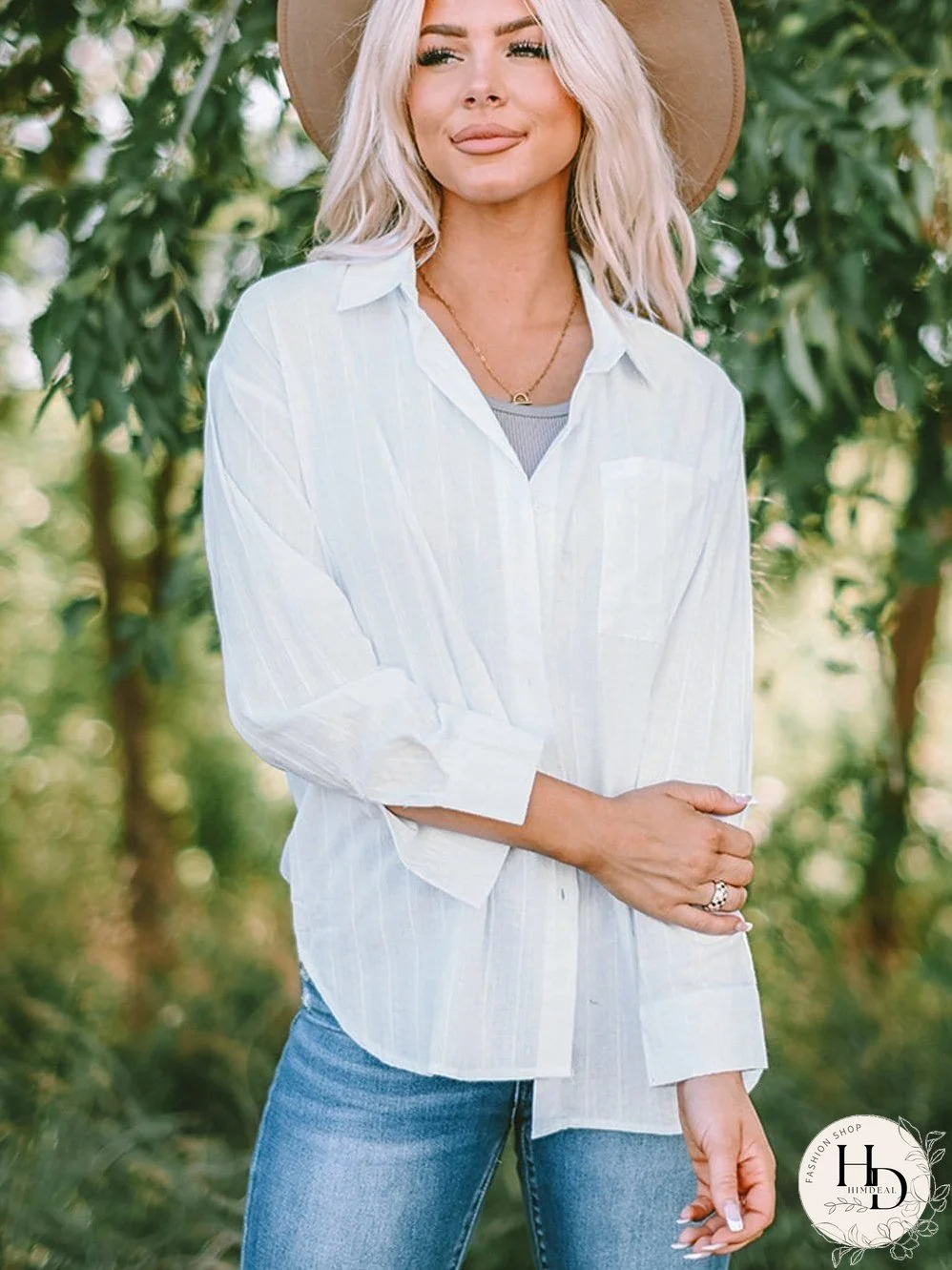 Simple Solid Lapel Button Long Sleeve Blouses