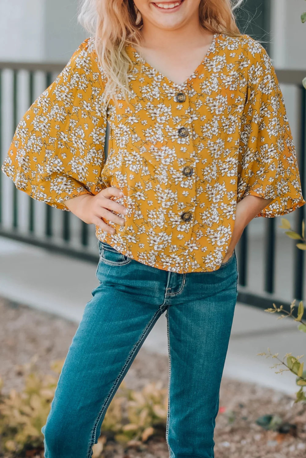 Yellow Floral V Neck Ruffled Sleeve Buttons Girl's Blouse | IFYHOME